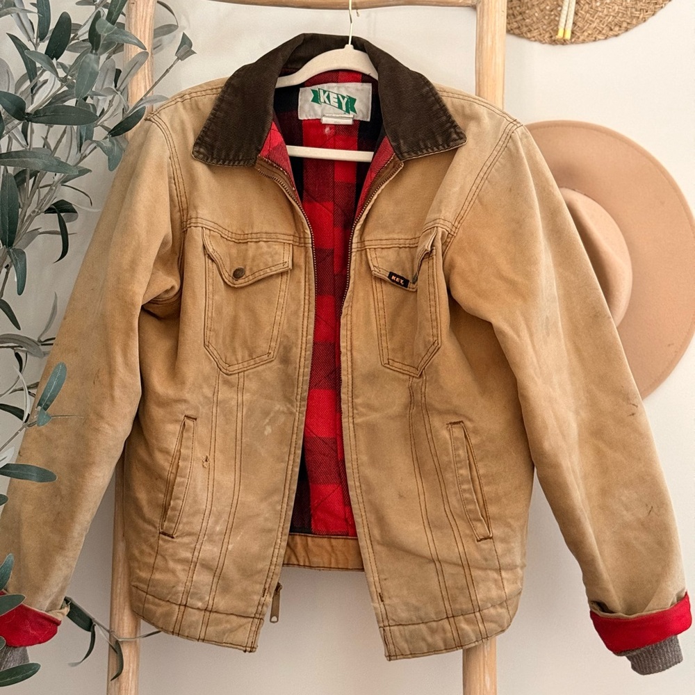 Key Jacket with Red Plaid Lining - Tan Workwear Coat